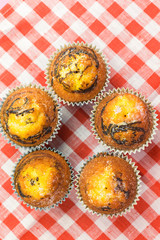 Homemade baked cakes with chocolate on colorful background. Food photo, dessert, sugar concept