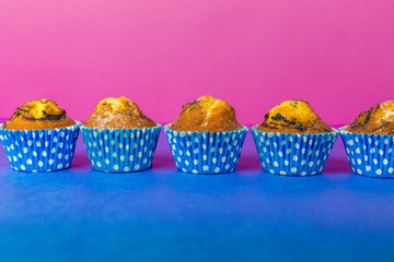 Delicious tasty  homemade muffins, cakes, cupcakes on blue background. Holiday, dessert, calories concept