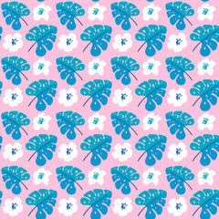 Vector summer seamless pattern with flat flowers and Tropical Leaves. Cute floral background for your design. Pastel color elements on pink backdrop