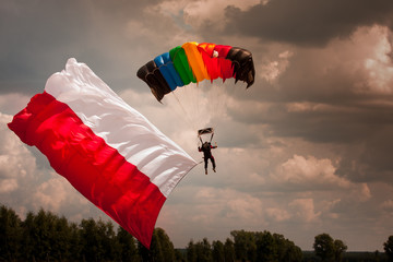 Spadochroniarz z Polską flagą - obrazy, fototapety, plakaty
