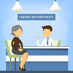 Bank interior credit department room. Man worker