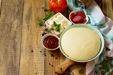 Pizza cooking. Food ingredients and spices for cooking Traditional delicious italian pizza. Copy space.