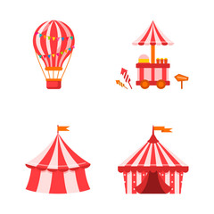An amusement park with a circus, a tent, a big balloon and a carnival fun fair. Vector illustration on white isolated background