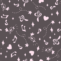 Seamless Music Pattern. Pink on Grey Background.