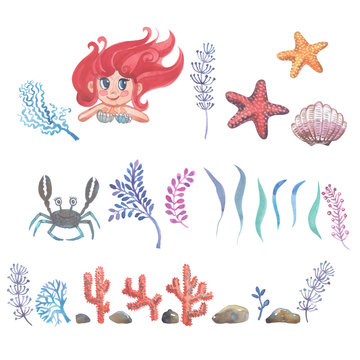Watercolor little mermaid with pink hair and green fish tail lies on the sand on the seabed.