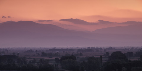 Ealry morning mist on the fields beside lake Kerkini in Macedonia, Greece.