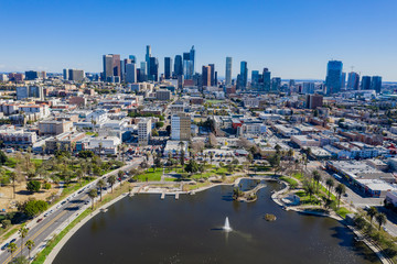 Aerial view of the Los Angeles downtown area with West Lake