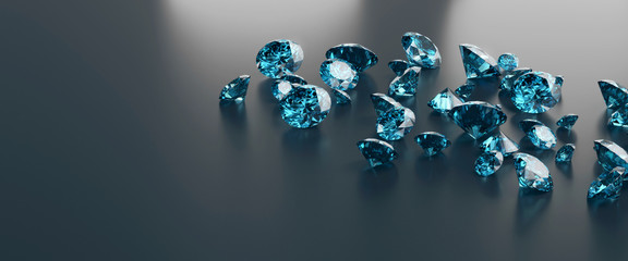 Blue diamonds placed on black background, 3D illustration.