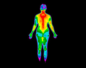 Obraz na płótnie Canvas Thermographic photo of the back of the whole body of a woman with the photo showing different temperatures in a range of colors from blue showing cold to red showing hot, can be joint inflammation