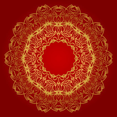 Hand-Drawn Henna Ethnic Mandala. Circle Lace Ornament. Vector Illustration. For Coloring Book, Greeting Card, Invitation, Tattoo. Anti-Stress Therapy Pattern. Red, gold color