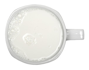 Milk cup with bubbles isolated on white background, top view, clipping path 