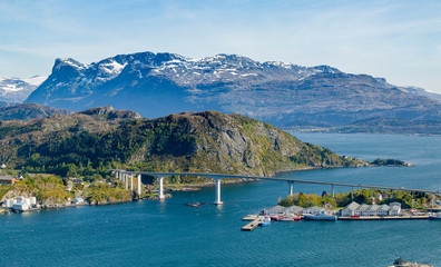 aerial landscape view on city of Måløy, port to stattlandet, the norwegian west cape, Norway