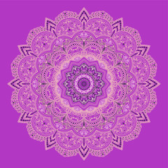 Mandala - vector drawing, floral motifs. The drawing imitates embroidery, napkin or tablecloth. Design for walls, wallpapers or panels. Shades of  burgundy, beige, gray and brown on pink background.