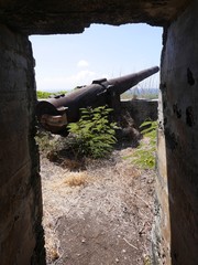 An old Japanese cannon seen through a small door at Naftan Point, Saipan, Northern Mariana Islands.