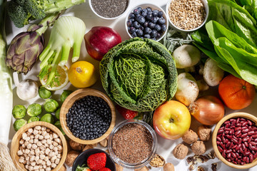 Top view of selected healthy and clean foods
