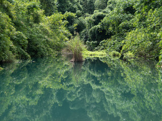 Secret lake, hidden water reservoir, green forest reflection on lake.