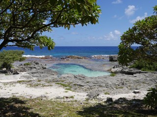Wide shot of the swimming hole bordered by green trees on Rota, an island in the Northern Mariana Islands.