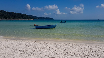 Boat moored in paradise bay Koh Rong Samloem island Cambodia