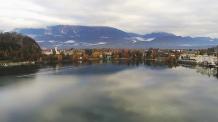 Beautiful aerial autumn landscape around Lake Bled with the caslte and church