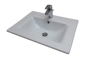 Ceramic white washbasin with stainless faucet, isolated. Bathroom interior element