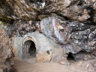 Low entrance to the cave inside the Last Command Post on Saipan, Northern Mariana Islands where the last Japanese soldiers sought refuge until the end of the World War 11.