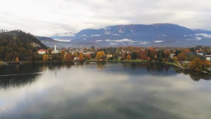 Beautiful aerial autumn landscape around Lake Bled with the caslte and church