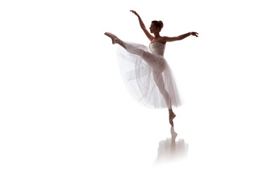 woman ballerina in white long skirt posing on white background photo made in the style of "low key" © Kozlik_mozlik