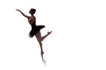 woman ballerina in black pack posing on white background photo made in the style of 