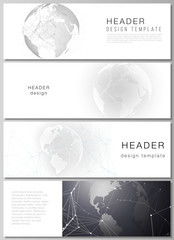 The minimalistic vector layout of headers, banner design templates. Futuristic geometric design with world globe, connecting lines and dots. Global network connections, technology digital concept.