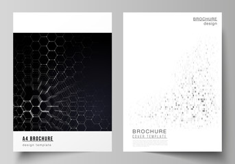 Vector layout of A4 format modern cover mockups design templates for brochure, magazine, flyer, booklet, annual report. Technology, science, future concept abstract futuristic backgrounds.