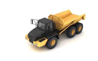 Isometric projection of yellow powerful articulated dumper truck isolated on white background. Front side view. Perspective. High angle. Left side.