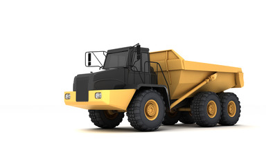 Powerful articulated dumper truck isolated on white background. Front side view. Perspective. Left side. Low angle.
