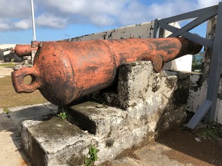 Close up of a cannon at Fort Charlotte overlooking the harbor in Nassau,Bahamas. Fort Charlotte is a British-colonial era fortress built in 1789 by Lord Dunmore.