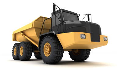Yellow powerful articulated dumper truck isolated on white background. Front side view. Perspective. Low angle. Right side.