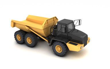 Isometric projection of yellow powerful articulated dumper truck isolated on white background. Front side view. Perspective. High angle. Right side.
