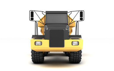 Yellow powerful articulated dumper truck isolated on white background. Front view. Eye level.