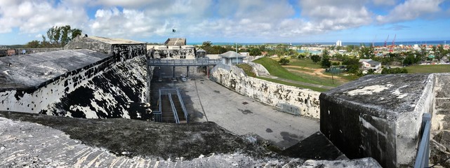 View of one side of Fort Charlotte with the Nassau harbor in the distance.
