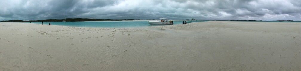 Panoramic view of a white sand bar in the Exuma Cays, Bahamas