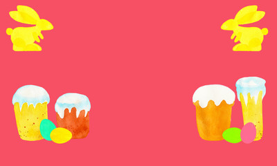 Easter watercolor set frame. Color eggs, kulich, cottage cheese Easter - traditional Russian treats. Isolated icons minimalism