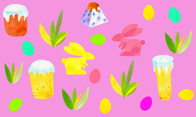  Easter watercolor set. Color eggs, kulich, cottage cheese Easter - traditional Russian treats. Isolated icons minimalism