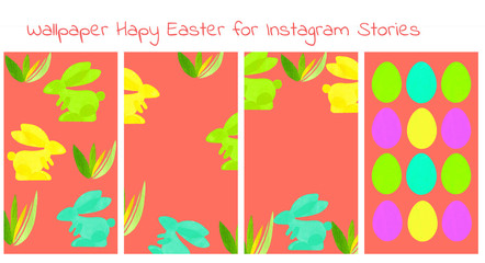 Wallpaper for Instagram stories. Easter watercolor set. Color eggs, kulich, cottage cheese Easter - traditional Russian treats. minimalism art on living coral background