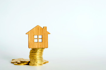 The house symbol is made of bamboo on a stack of yellow shiny coins on a light background.