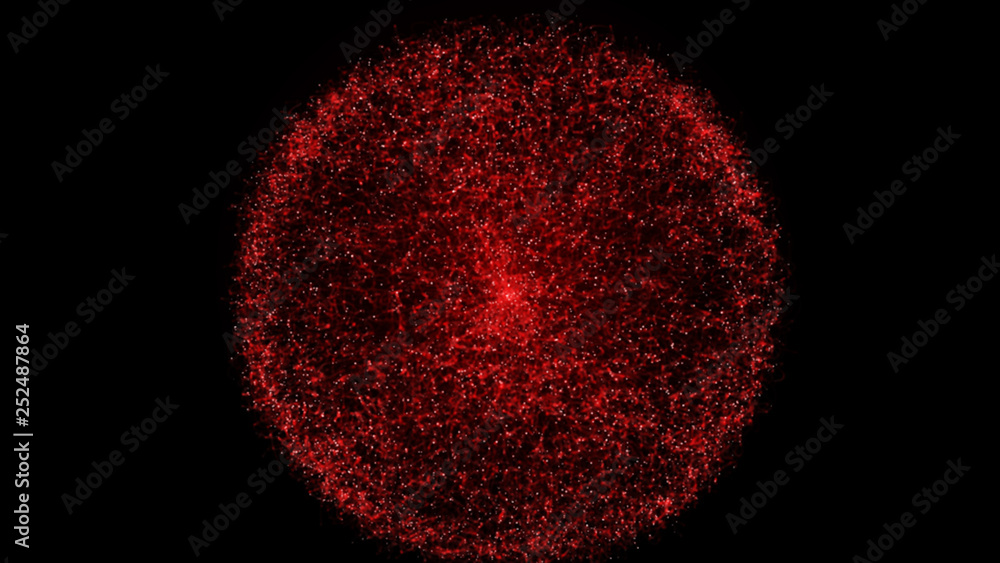 Poster abstract sphere, consisting of points. particle explosion at high speed. molecular grid. technology 