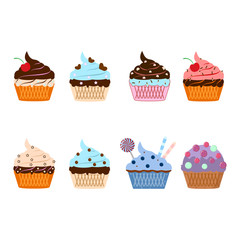 Set of yummy cake, muffin isolated on background. Colorful sweet homemade bakery with chocolate. Tasty cupcake. Party, celebration concept. Vector flat design
