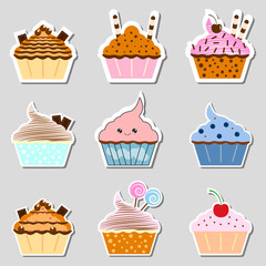 Set of yummy cake sticker, muffin isolated on background. Colorful sweet homemade bakery with cherry, chocolate. Tasty cupcake. Party, celebration concept. Vector flat design
