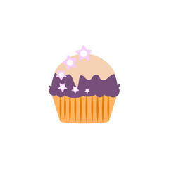 Yummy cake, muffin isolated on white background. Colorful sweet homemade bakery with cherry, chocolate. Tasty cupcake. Party, celebration concept. Vector flat design
