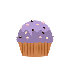 Yummy cake, muffin isolated on white background. Colorful sweet homemade bakery with cherry, chocolate. Tasty cupcake. Party, celebration concept. Vector flat design
