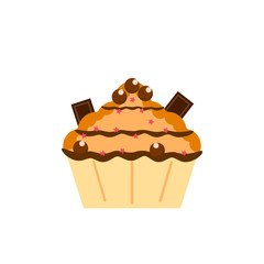 Yummy cake, muffin isolated on white background. Colorful sweet homemade bakery with cherry, chocolate. Tasty cupcake. Party, celebration concept. Vector flat design