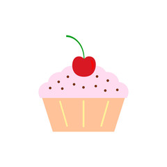 Yummy cake, muffin isolated on white background. Colorful sweet homemade bakery with cherry, chocolate. Tasty cupcake. Party, celebration concept. Vector flat design