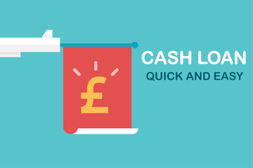 Gun with flag and pound sterling sign isolated on background. Cash loan, fast money concept. Vector flat design